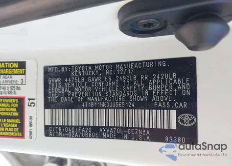2018 Toyota Camry Le z USA, uszkodzony, nr VIN 4T1B11HK3JU565124